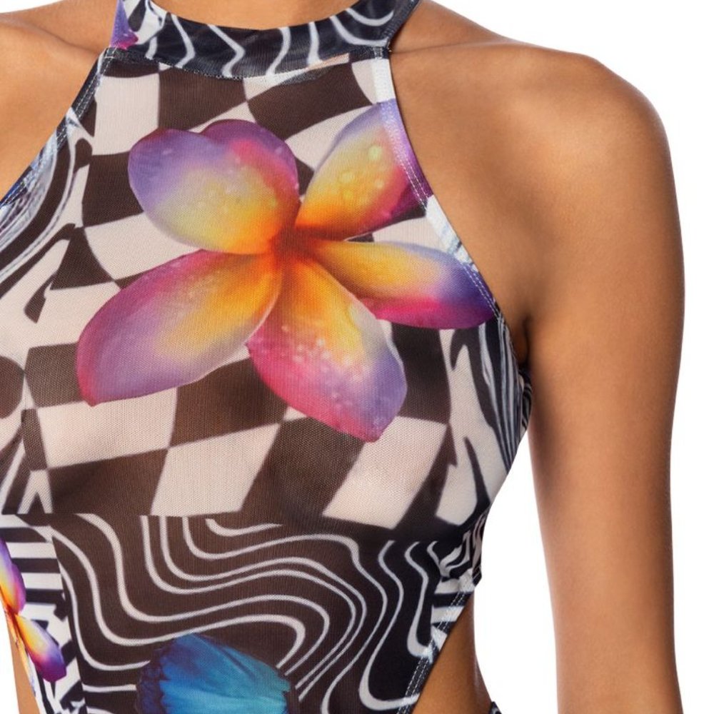 Stasia Land Flowers on the Board: Mesh Sleeveless Mock Neck Bodysuit M L - Picture 3 of 6